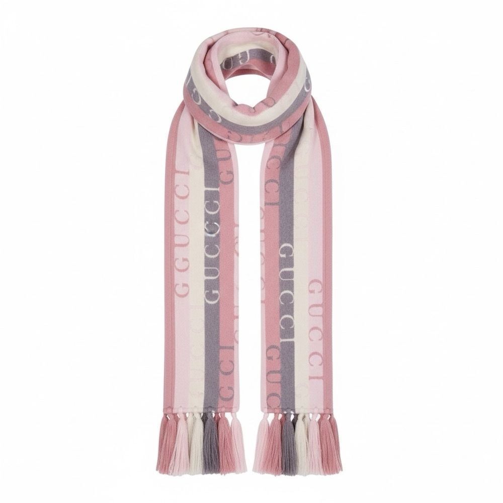 Authentic Gucci Pink Grey Cream Wool Cotton Striped Logo Wrap Scarf